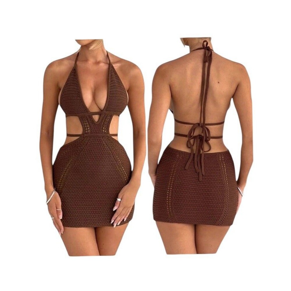 BABYBOO Selena Crochet Mini Dress Halter Open Back Large Choc Brown PRISTINE